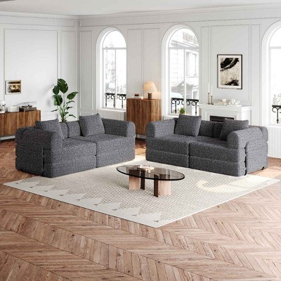 4-Seater Convertible Sofa Bed with Space-Saving Design, Modular Folding Floor Sofa with Side Storage Pockets, Chenille Fabric Sofa-Coolbibila