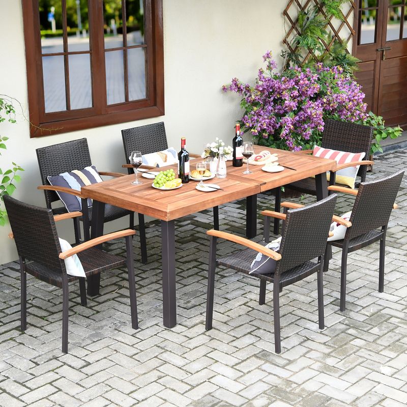 Costway 7PCS Patio Rattan Dining Set Acacia Wood Table Top Stackable Chairs, 3 of 10