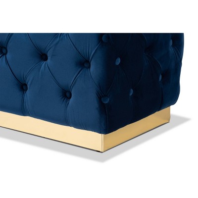 Corrine Navy Blue Velvet Tufted Ottoman with Gold Base