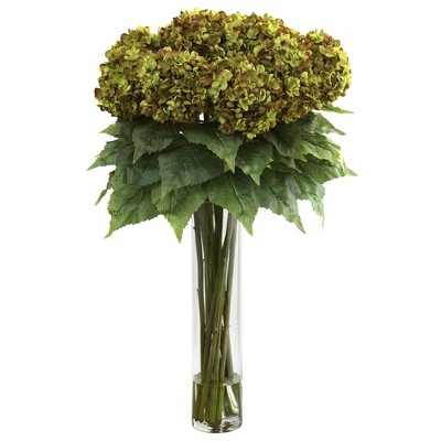 White Hydrangea Silk Flower Arrangement with Tall Vase