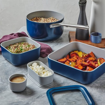 Caraway Home 17pc Food Storage Set Navy: Ceramic-Coated Glass Containers, Oven & Microwave Safe, 1 Year Warranty