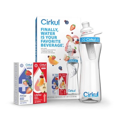 Cirkul Plastic Bottle with Blue Lid and 2 Flavor Cartridges (LifeSip Fruit Punch and FitSip Mixed Berry) - 22oz