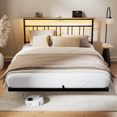 WOWLIVE King/Queen/Full/Twin Size Floating Bed Frame with Storage and Charging Station, LED Light Platform Bed with Strong metal Slats Support