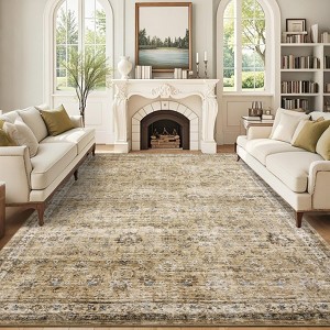 TROPOW 9x12 Washable Floral Print Accent Carpet with Non-Slip Backing, Oriental Distressed Indoor Mat - 1 of 4