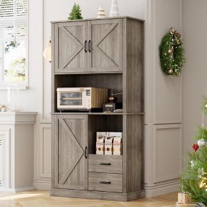 Kitchen Pantry Cabinet with Microwave Shelf, Tall Freestanding Kitchen Cabinet with 2 Drawers and Open Shelves - 1 of 4