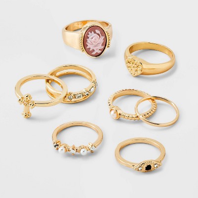 Rose and Cross Ring Set 8pc - Wild Fable&#8482; Gold/Pink