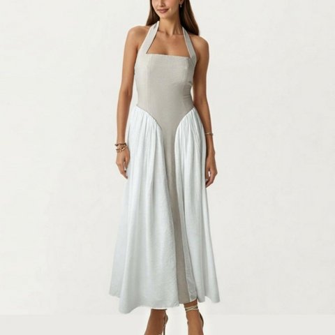 Женские платья Anna-Kaci Women's Color Block Halter Neck Smocked Back Maxi Dress - Light Beige, Small