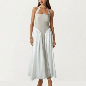 Anna-Kaci Women's Color Block Halter Neck Smocked Back Maxi Dress - Light Beige, Small