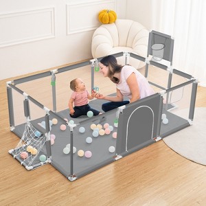GOTGELIF 71"x48" 4-Panel Baby Playpen Foldable Playard with Basketball Hoop - 1 of 4