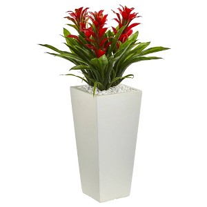 Nearly Natural 26-in Triple Bromeliad Artificial Plant in White Tower Planter - 1 of 4