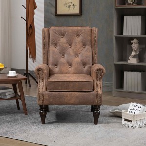 MAYEERTY Wood Frame Armchair, Sturdy Wood Legs, Living Room Bedroom, Black PU - 1 of 4