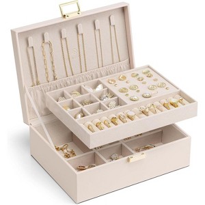 2-Layer Jewelry Box with Removable Tray, Large Cream White Organizer for Necklaces, Earrings, Rings, Gift for Women - 1 of 4