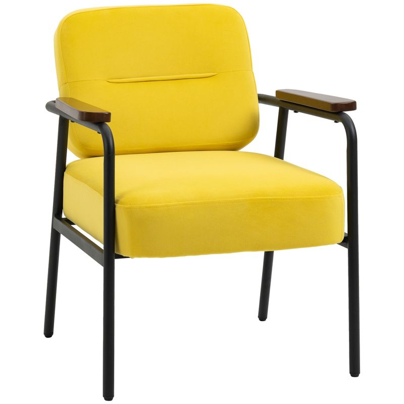 HOMCOM Modern Accent Chair with Cushioned Seat and Back, Upholstered Velvet Armchair for Bedroom, Living Room Chair with Arms and Steel Legs, Yellow, 1 of 7