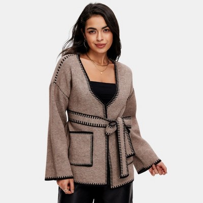 Knit & Lounge Women’s Open Front Belted Cardigan Contrast Whipstitch Trim Soft Knit Texture Long Sleeve