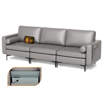 Costway Modular 3-Seat Sofa Couch with Socket USB Ports & Side Storage Pocket Grey/Red