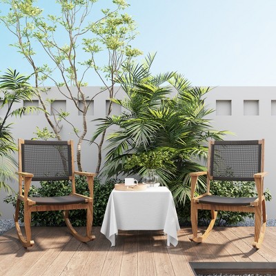 Whisen 2 Pieces Patio Rocking Chair Set, Acacia Wood Outdoor Rockers with Wicker Rattan Seat & Backrest