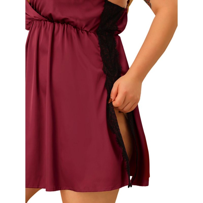 Agnes Orinda Women's Plus Size Side Slit Lace Trim V Neck Satin Sleeveless Nightgowns, 5 of 7