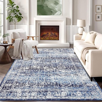 Washable Vintage Area Rug, Low-Pile Soft Faux Wool Carpet with Non-Slip TPR Backing, Stain-Resistant Large Rug for Living Room, Bedroom
