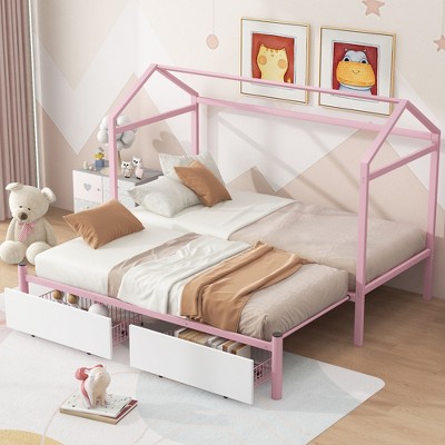 Whisen Twin XL to King Metal Twin Size House Platform Bed with 2 Drawers
