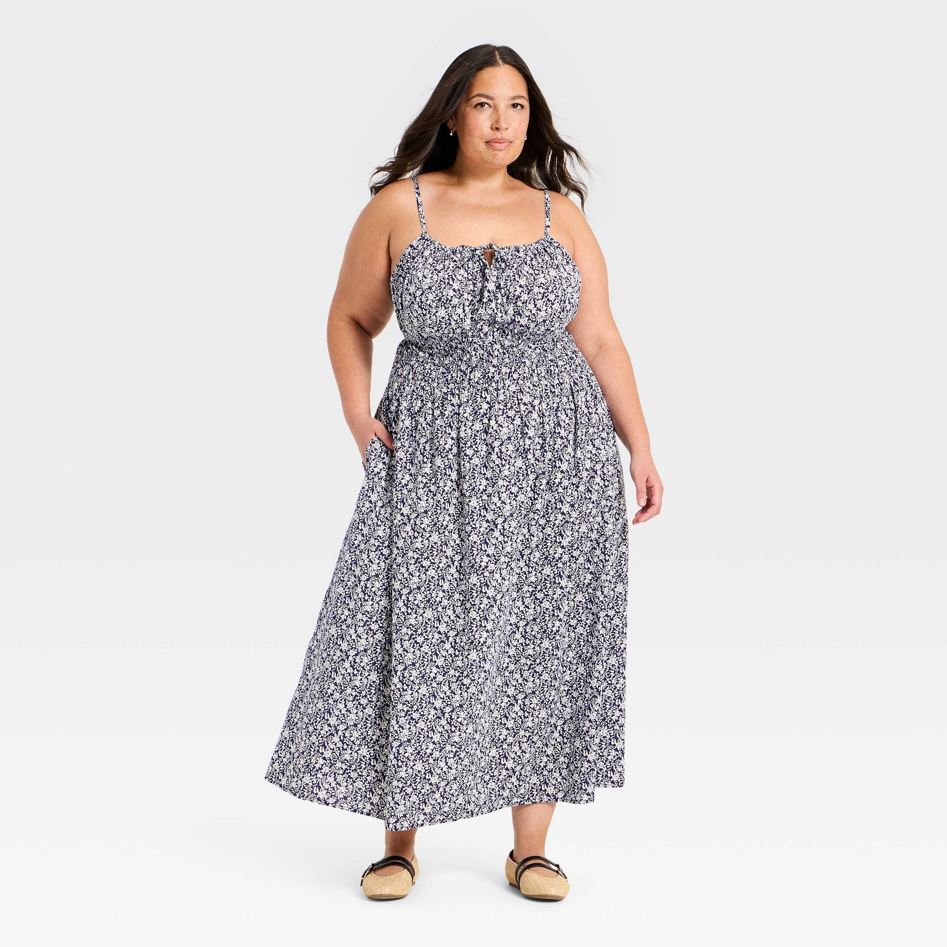 Women's Smocked Midi Dress - Universal Thread™ Navy Blue Floral 2X