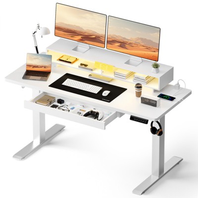 GTPLAYER Electric Standing Desk with Drawers, 48"/55" Height Adjustable Gaming Desk with Monitor Stand, Power Outlets & LED Lights