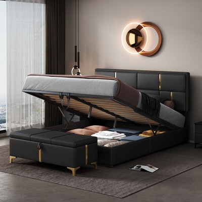 NicBex Queen Upholstered Bed Frame with Ottoman and Lift Up Storage,Platform Bed Frame with Black and Gold Headboard,No Box Spring Needed,Black