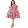 Women's Plus Size 1950s Gingham Plaid Round Neck Ruffle Sleeve Tiered Casual Summer Babydoll Midi Dresses with Pocket - Agnes Orinda - 3 of 4