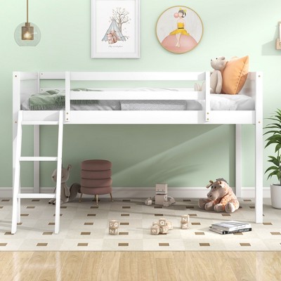 LOVMOR Low Loft Bed with Safety Guardrail and Ladder, Solid Wood Loft Bed Frame for Boy Girl Little Kids Small Room/Low Ceiling Bedroom, Space Saving