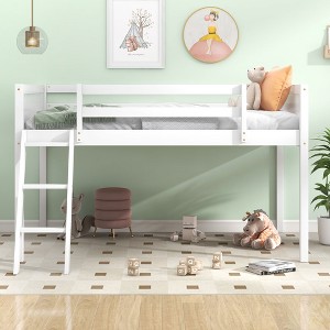 LOVMOR Low Loft Bed with Safety Guardrail and Ladder, Solid Wood Loft Bed Frame for Boy Girl Little Kids Small Room/Low Ceiling Bedroom, Space Saving - 1 of 4
