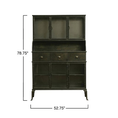Storied Home Metal Storage Cabinet Black: Elegant Glass Doors, Geometric Hutch Design, Durable Iron Frame