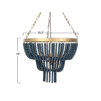 Blue Wood Bead 2-Tier Chandelier with Brass Accents