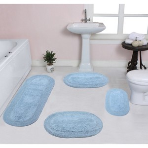 Double Ruffle Bathroom Rugs Set, Washable Rug, Extra Soft and Absorbent bath Rug, Kitchen Mat, Bath Mat Set,Non-Slip, 4 Pcs Set with Runner, Blue - 1 of 4
