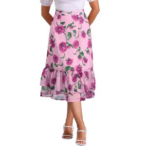 INSPIRE CHIC Women's Chiffon Elastic Waist Ruffle Tiered Flowy Midi Floral Printed Skirts - 1 of 4