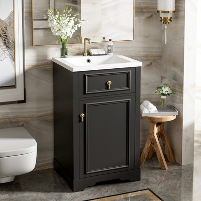 ALEXOUN 20 Inch Small Bathroom Vanity with Ceramic Sink,Storage Cabinet with Basin for Bathroom,Narrow Small Cabinet with Adjustable Shelf
