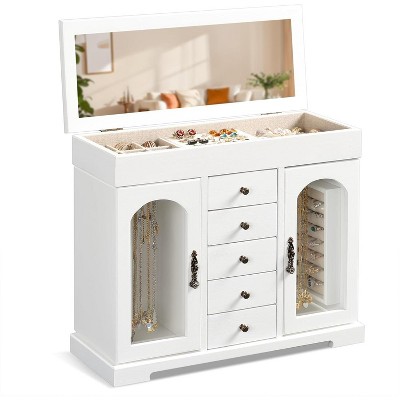 5 Layer Jewelry Storage Case Display, Rustic Wooden Jewelry Organizer Box with Mirror