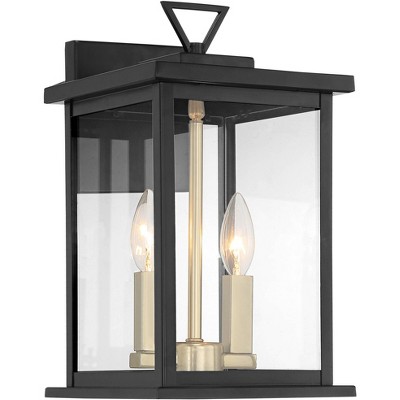 Possini Euro Design Modern Outdoor Wall Light Fixture Black Gold 14" Clear Glass for Exterior House Porch Patio Deck