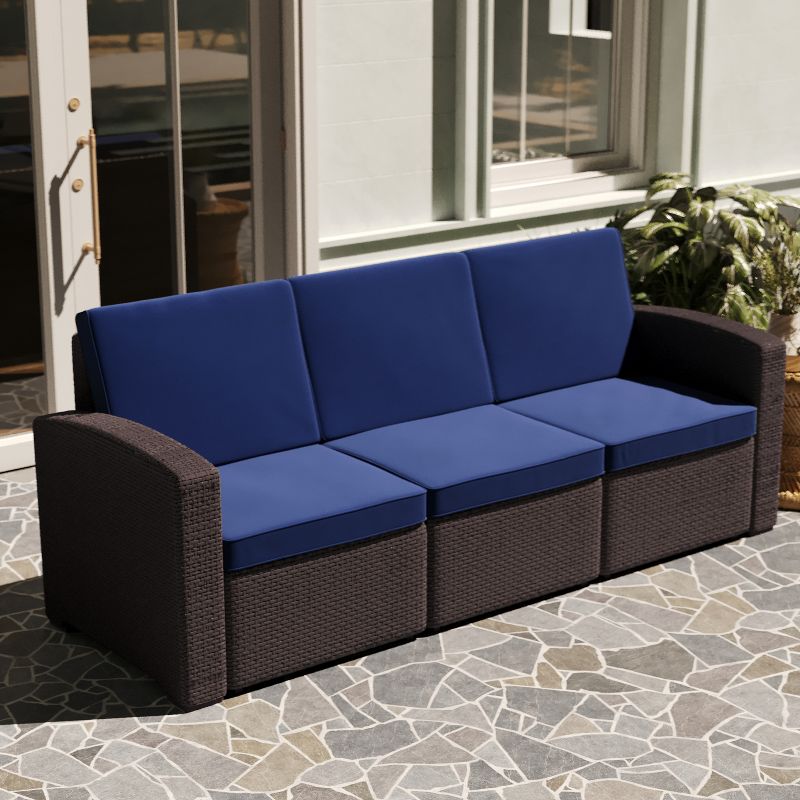Merrick Lane Outdoor Furniture Resin Sofa Faux Rattan Wicker Pattern Patio 3-Seat Sofa With All-Weather Cushions, 3 of 11
