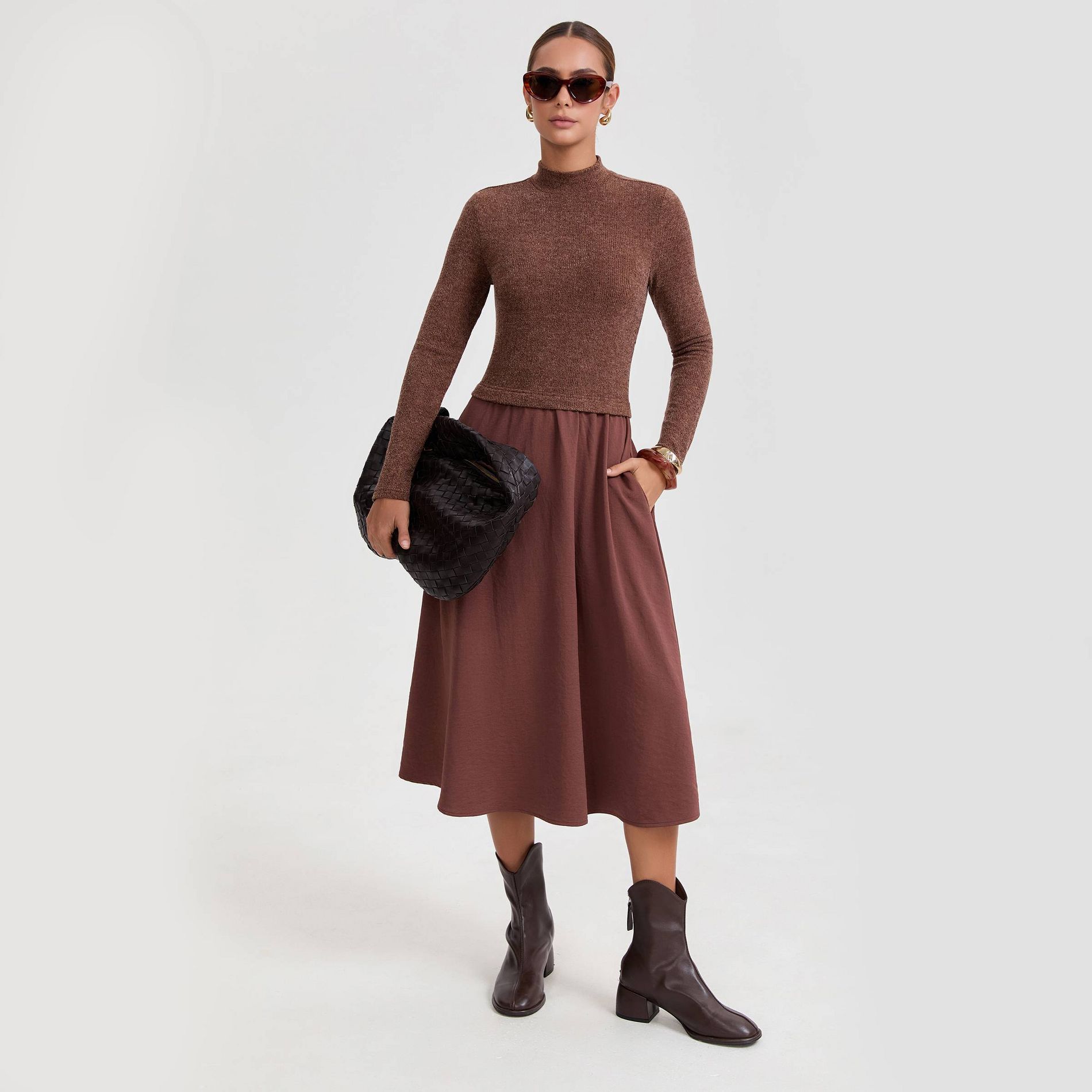 Women's Long Sleeve Twofer Midi A-Line Dress - A New Day™ Brown