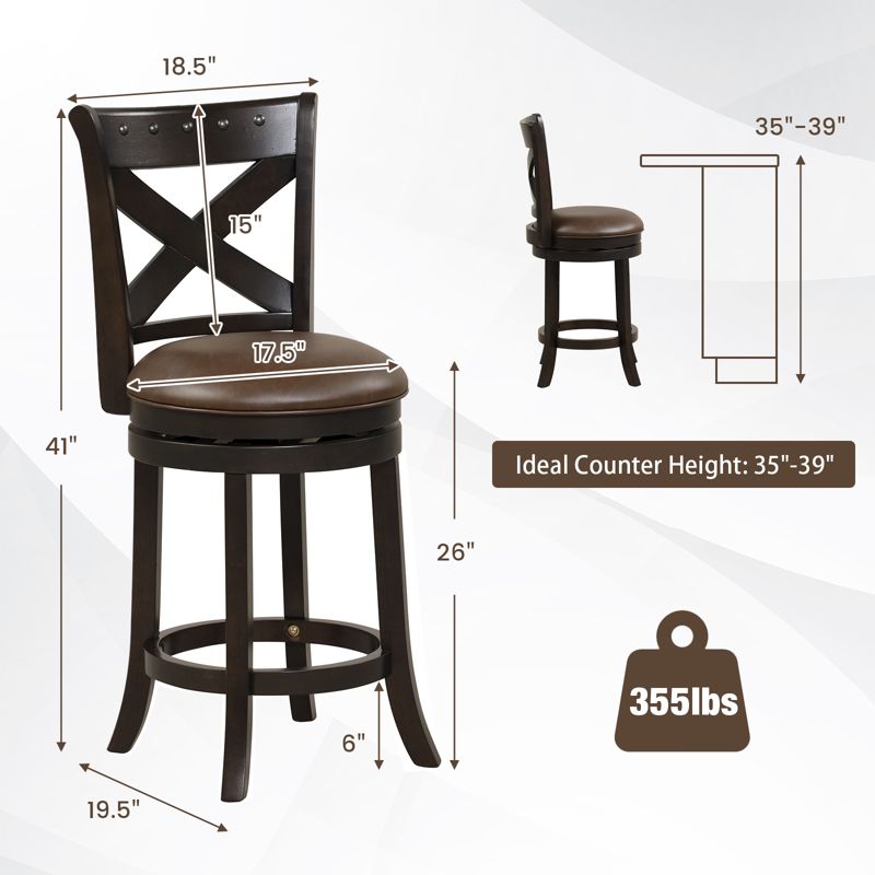 Costway 26'' Swivel Bar Stool Counter Height PU Leather Seat Rubber Wood Legs Footrest, 3 of 9