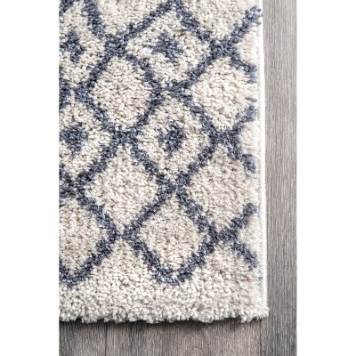 Beige and Blue Oval Trellis Shag Area Rug
