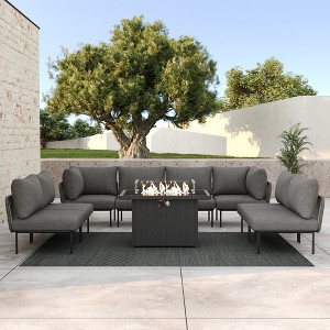 LayinSun 9 Pieces Rope Woven Patio Furniture Set, Modern Modular Sectional Sofa with Fire Pit Table and Upgrade Thickness Cushion - 1 of 4