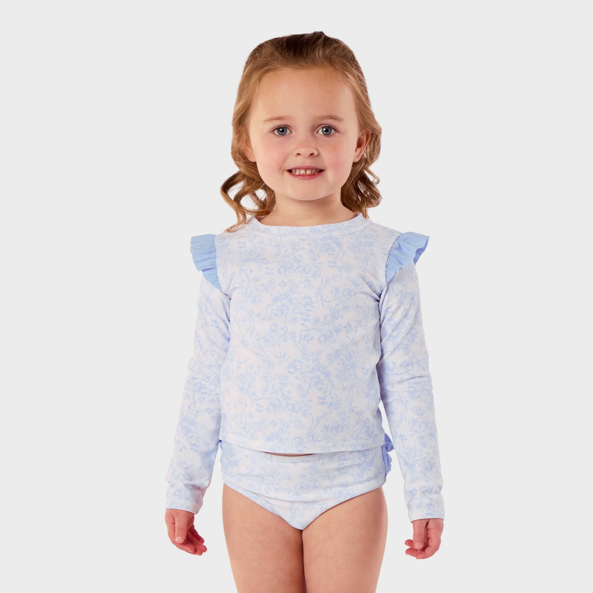 RuffleButts Toddler Girls' Toile Floral Long Sleeve 2pc Rash Guard Set - Blue