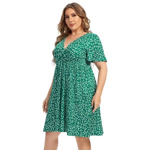 Clearlove Plus Size Dresses for Curvy Women Floral Sleeves Tiered Layers Casual Mini Dress with Pocket - 1 of 4