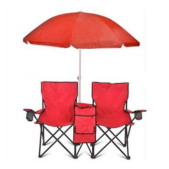 GoTeam Double Folding Camping Chair Set with Shade Umbrella, Cooler, and Carrying Bag for Camping, Beach Lounging, Tailgating, and More, Red