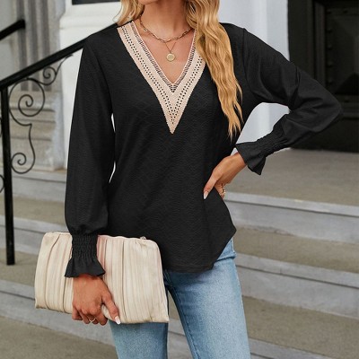 Womens Lantern Long Sleeve Shirt Fall Casual Lace V Neck Top Fashion Blouse