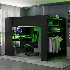 Full Size Wood Bunk Bed with Height-adjustable Desk and RGB Light - 1 of 4
