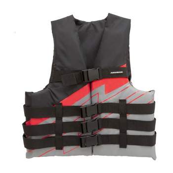 Kwik Tek Airhead Bolt US Coast Guard Approved Type III Family Adult Life Vest Jacket with 4 Quick Release Belts, 2XL/3XL, Red/Gray