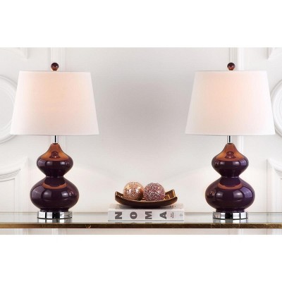 Eva Double Gourd Dark Purple Glass Table Lamp Set with Silver Accents