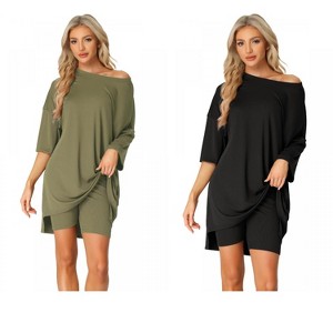 INSPIRE CHIC Women's 2 Pcs Knit Loungewear 3/4 Sleeve T-Shirt with Bike Shorts Pajama Set - 1 of 4