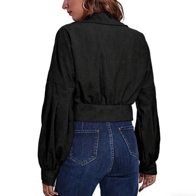 Женские куртки YesFashion Women Cropped Jacket Lapel Collar Patch Pocket Button Front Puff Long Sleeve Loose Short Outerwear Coat,black,M — фото 2